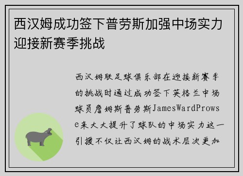 西汉姆成功签下普劳斯加强中场实力迎接新赛季挑战